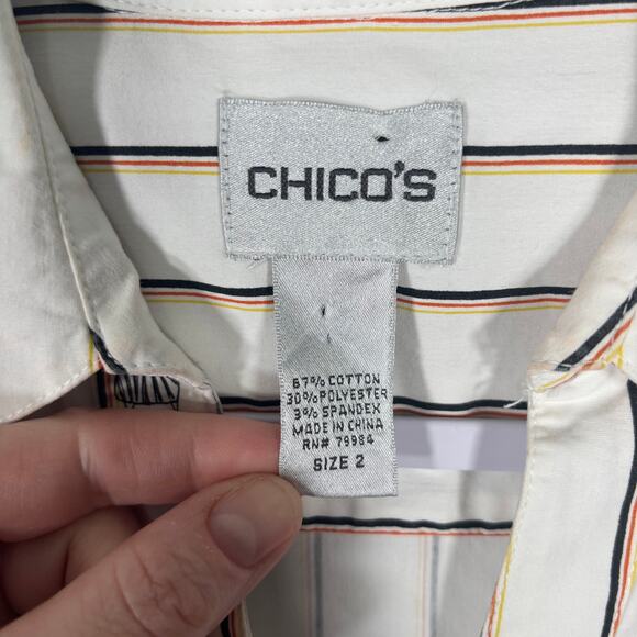 Chicos Shirt Womens Large 2 White Striped Zebra Button Collar Career Office - Picture 6 of 12